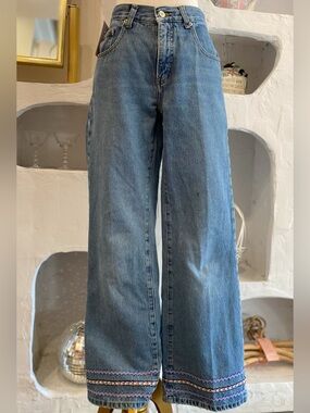 90s Vintage Jacob Annexe Mid-Rise Boho Straight Leg Embroidered Hem Jeans